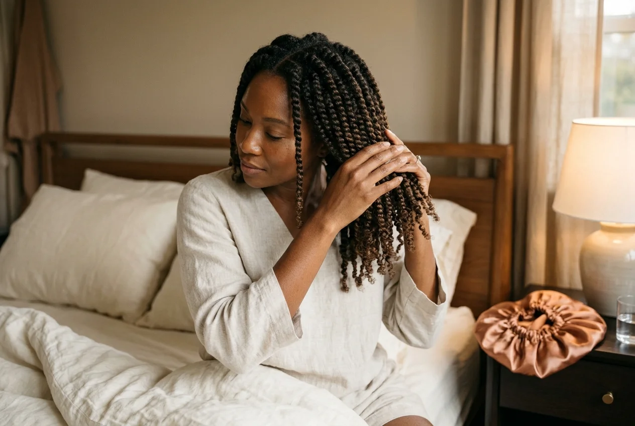 Femme noire portant un bonnet en satin pour protéger ses vanilles naturelles pendant la nuit.